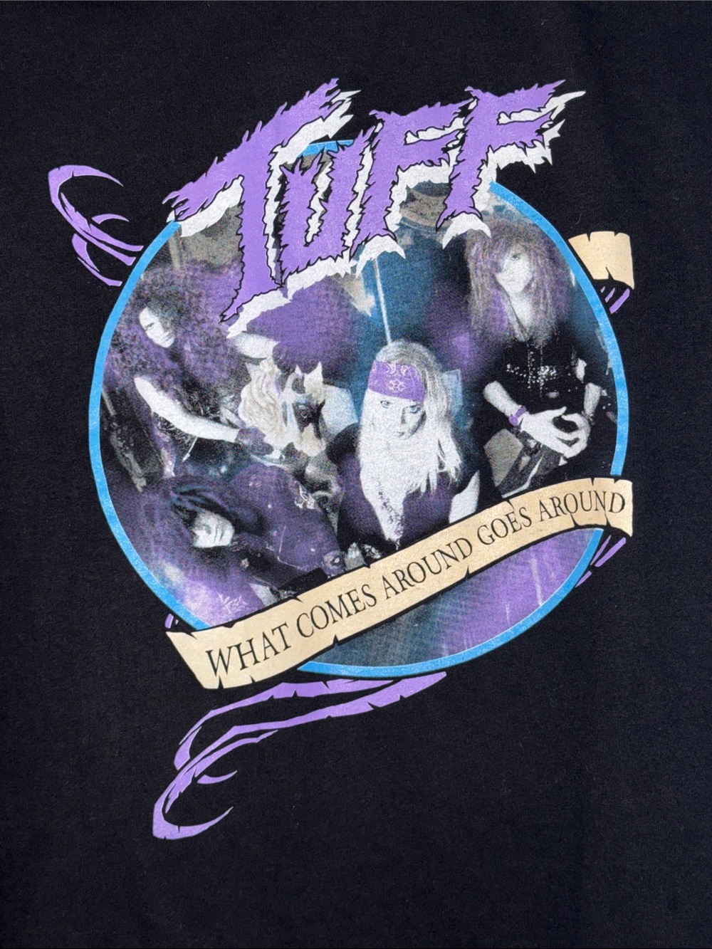What Comes Around Goes Around Tough Tour Tee with Purple and Blue Rock Big Hair